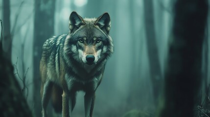 A wolf in a forest looks intently at the camera.