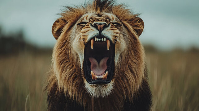 Closeup front view portrait of roaring lion head face, open mouth, jaw, big teeth, isolated on white background. wild cat king animal, mane, strength and power, dangerous safari predator hunting.