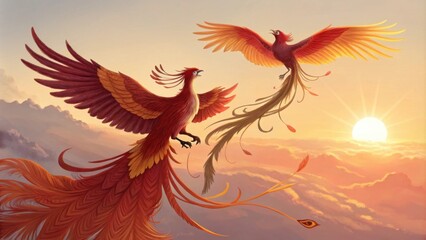 Celestial Dance A pair of phoenixes entwine in a ballet of aerial grace their shimmering plumage reflecting shades of ruby and tangerine. The rising sun casts a warm golden glow