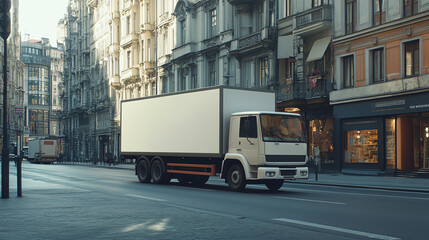 Fototapeta premium Empty blank white mockup on the small truck vehicle driving through the city street, template for advertisement. commercial business transport delivery cargo, side view.