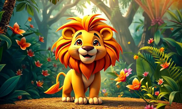 A cartoon lion is standing in a jungle with flowers and trees