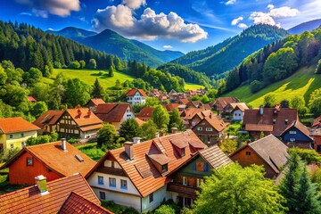 Fototapeta premium Architectural Harmony: Red Clay Tile Roofs of a Mountain Village Embraced by Nature with Chimneys and Skylights Amidst Summer Meadows and Lush Green Trees Beneath a Clear Blue Sky