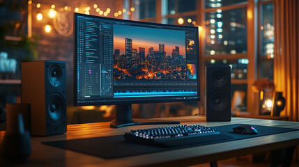 Video editing software or program opened on a wide pc computer monitor screen display placed along the keyboard and speakers on a wooden table or desk in a home room or office interior, evening time.