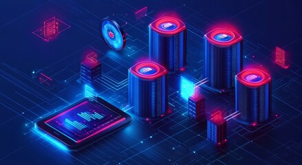 Futuristic 3D Data Center Network Performance Monitoring Illustration Technology