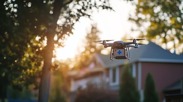 A delivery drone with a medical kit flying in a suburban neighborhood during sunset.