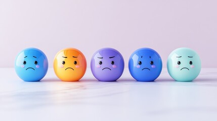 Colorful Round Emoticons Displaying Various Facial Expressions Reflecting Different Emotions on Soft Background for Use in Creative Projects