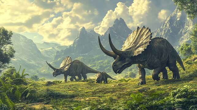 Fototapeta Three Triceratops dinosaurs walk through a prehistoric landscape.