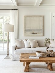 Fototapeta premium Coastal Living Room Design Featuring Neutral Tones and Wooden Accents