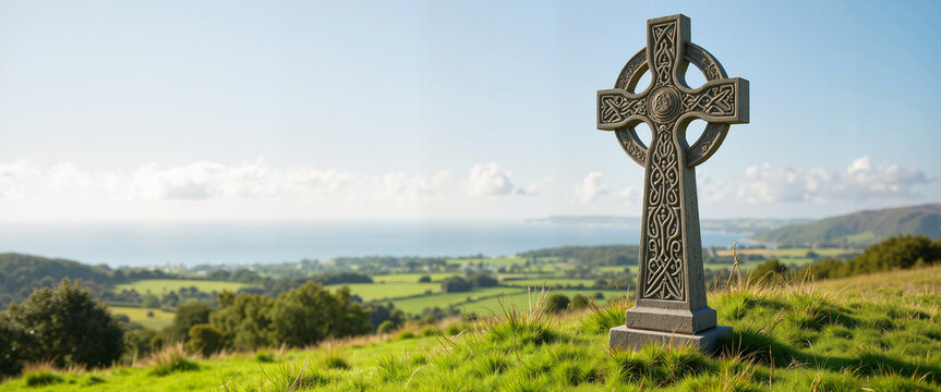 Celtic cross on hillside overlooking coastal landscape - Powered by Adobe