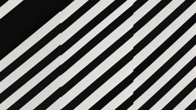 Bold diagonal stripes in stark black and white create dynamic movement across vertical composition. Varied line weights and spacing produce depth and rhythm. 