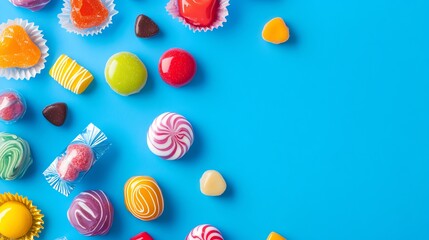 A border of colorful candies on a blue background.