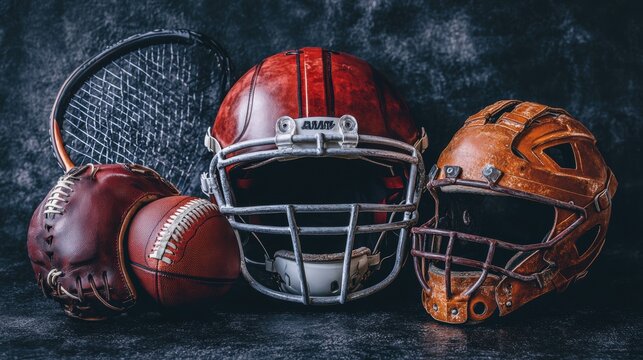 Vintage Sports Equipment Collection Featuring American Football Helmet, Baseball Gloves, Bat, and Lacrosse Stick on Dark Background