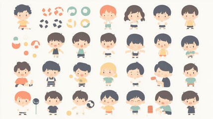 Colorful Collection of Playful Cartoon Boys Engaged in Various Activities, Sporty Poses, Expressions, and Fun Illustrations for Children's Projects and Educational Materials