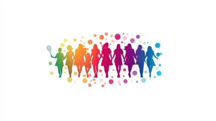 Vibrant Silhouettes of Women Celebrating Together Against a Bright Colorful Background with Bubbles and Dots Illustrating Friendship and Joyful Moments