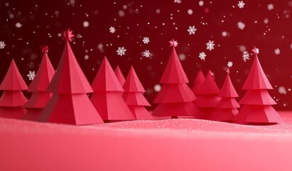 Red Geometric Christmas Trees with Snowflakes on Red Gradient Background