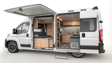A minimalist camper van with a Scandinavianinspired design emphasizing functionality and simplicity offering ample storage solutions for adventurous travelers.