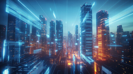 A futuristic cityscape with skyscrapers and digital lines of data flowing through them, representing the integration of AI technology in urban planning and future living