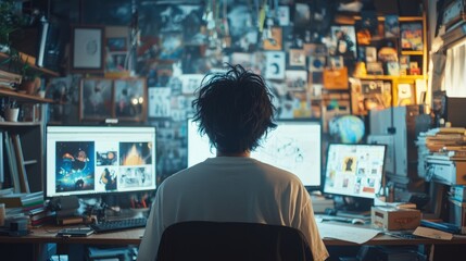 Creative Workspace with Artist at Dual Monitors