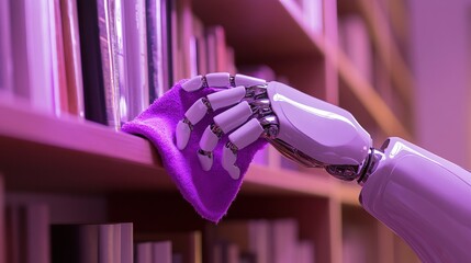 Robotic hand with purple cloth cleaning bookshelf in modern home - house cleaning concept