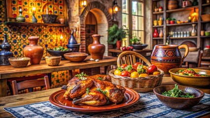 Fototapeta premium Architectural Photography of a Cozy Portuguese Restaurant Featuring Grilled Piri Piri Chicken, Vibrant Spices, and Traditional Decor in a Warm, Inviting Setting