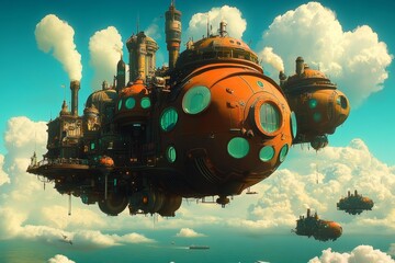 Steampunk Fantasy City in the Sky with Airships and Futuristic Architecture Above the Ocean