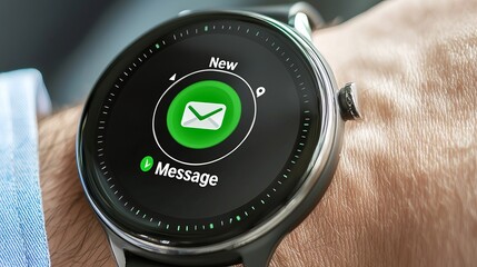 Close-up of a male hand wearing a smartwatch with a new message notification displayed.
