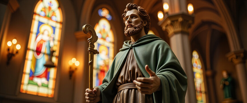 St. Patrick’s statue holding staff in church with stained glass windows