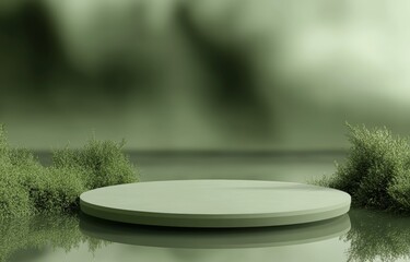 Minimalist Green Display Podium with Grass in Serene Water Background for Product Presentation