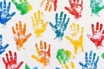 Handprint Print Mosaic Pattern of Rainbow Colored Palm Prints for Children's Playroom Wallpaper and Decorative Backgrounds