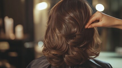 Fototapeta premium A stylist shapes a client's long, brown, curly hair.