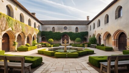 Fototapeta premium Tranquil Courtyard of an Ancient Stone Building with a Fountain and Green Bushes