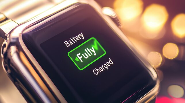 Close-up of a smartwatch displaying 'Fully Charged' battery status with a sleek metallic band. - Powered by Adobe