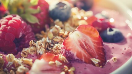 Hyperrealistic close-up of a delicious smoothie bowl topped with fresh fruits and granola
