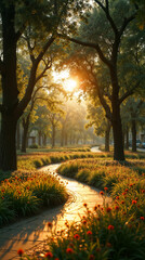 Naklejka premium Serene Garden Path Winding Through Blooming Trees and Colorful Flower Beds in Spring Park