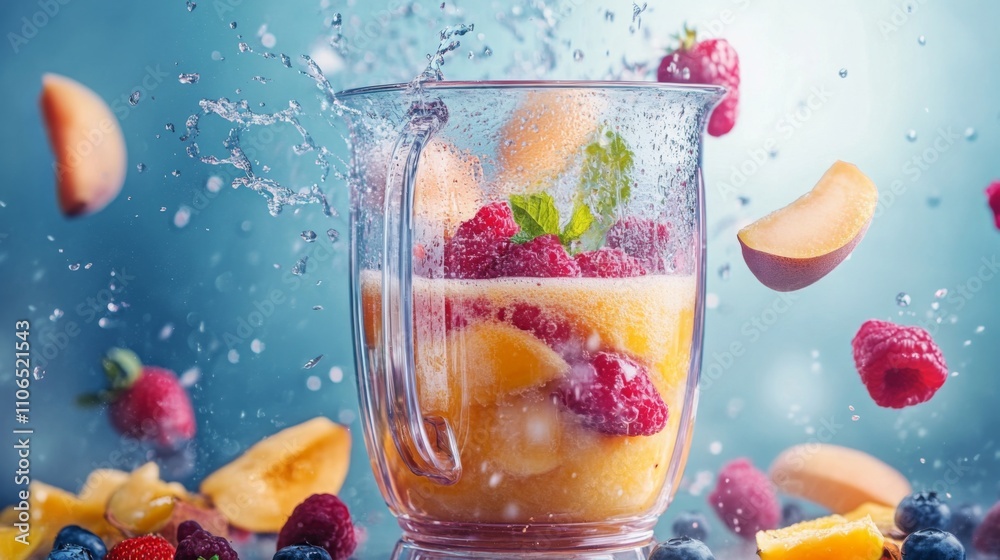Aufkleber a blender filled with a colorful mix of fresh fruits creates lively splashes as juice is being made.