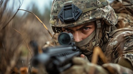 Fototapeta premium A soldier aims a rifle in a field, with a blurred background.