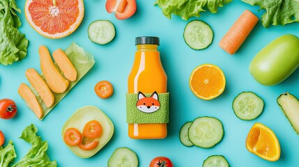 Fresh and Colorful Juices with Fruits and Vegetables on Blue Background