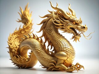 Fototapeta premium Majestic Golden Dragon Sculpture, Isolated White Background, High Depth of Field, 3D Render, Detailed, Mythical Creature