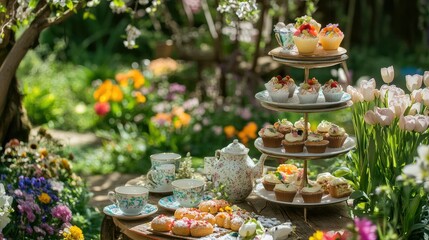 Fototapeta premium Elegant Garden Tea Party with Colorful Cakes and Flowers