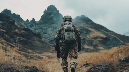 A soldier in camouflage walks uphill, with a rifle strapped to his back.