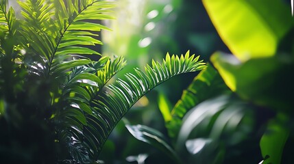 Obraz premium Lush green leaves in the sunlight.