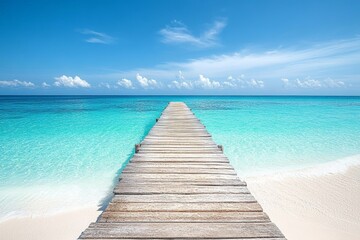 Obraz premium Serene Tropical Wooden Pier Extending Over Turquoise Ocean with Blue Sky and Sandy Beach