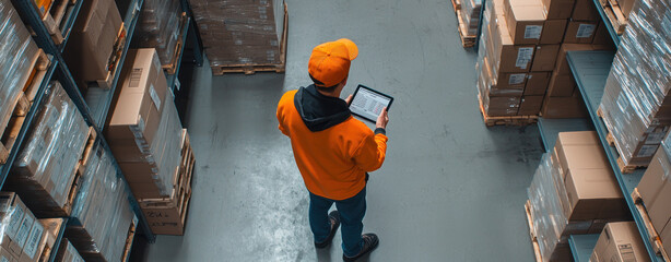 Efficient warehouse worker using tablet to manage inventory in storage area. organized shelves filled with boxes create productive atmosphere