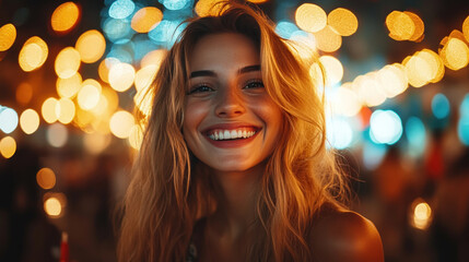 Fototapeta premium Young woman smiling joyfully at vibrant party with bright lights, capturing essence of fun and celebration. Her happiness radiates in lively atmosphere