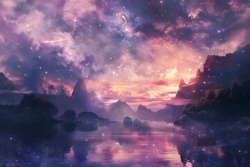 Naklejka premium Mystical Mountain Lake Under a Starry Sky