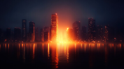 Fototapeta premium A dark city skyline at night, with skyscrapers illuminated by orange lights reflecting on the water below. The sky is overcast