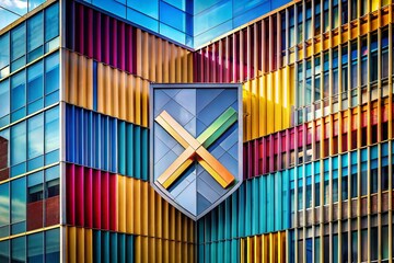 Fototapeta premium Architectural Photography of Modern Building Features a Reject Shield Symbol in a Minimalist Design, Highlighting False Concepts in Urban Spaces and Digital Culture