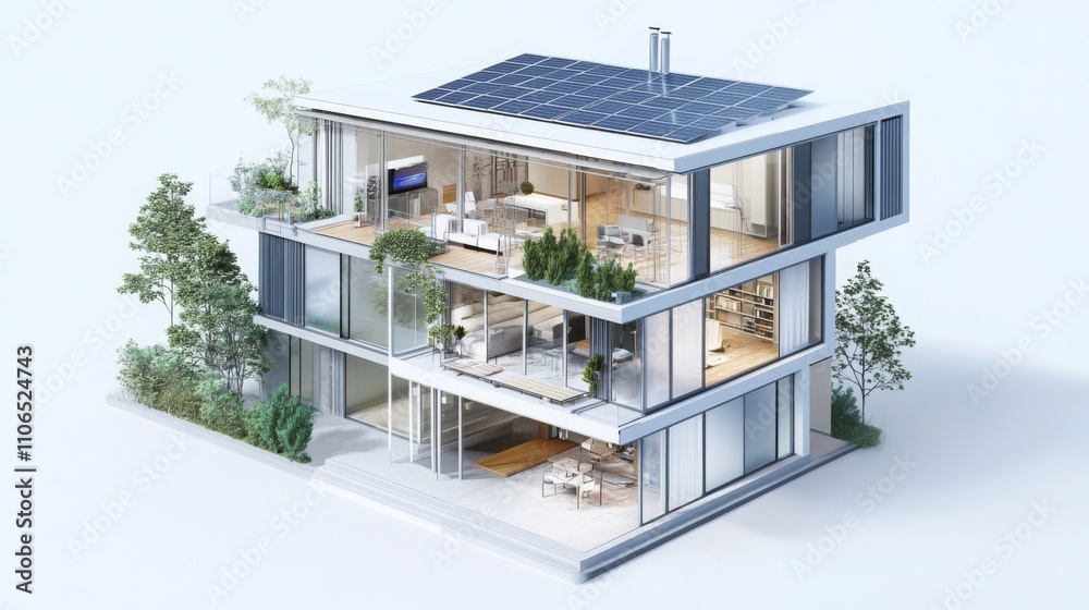 Poster this modern house features a sleek design with multiple levels and expansive glass windows. solar pa