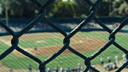 Baseball Field View Through Chain Link Fence at Daytime, Capturing the Excitement of a Game with Blurred Players and Spectators in the Background