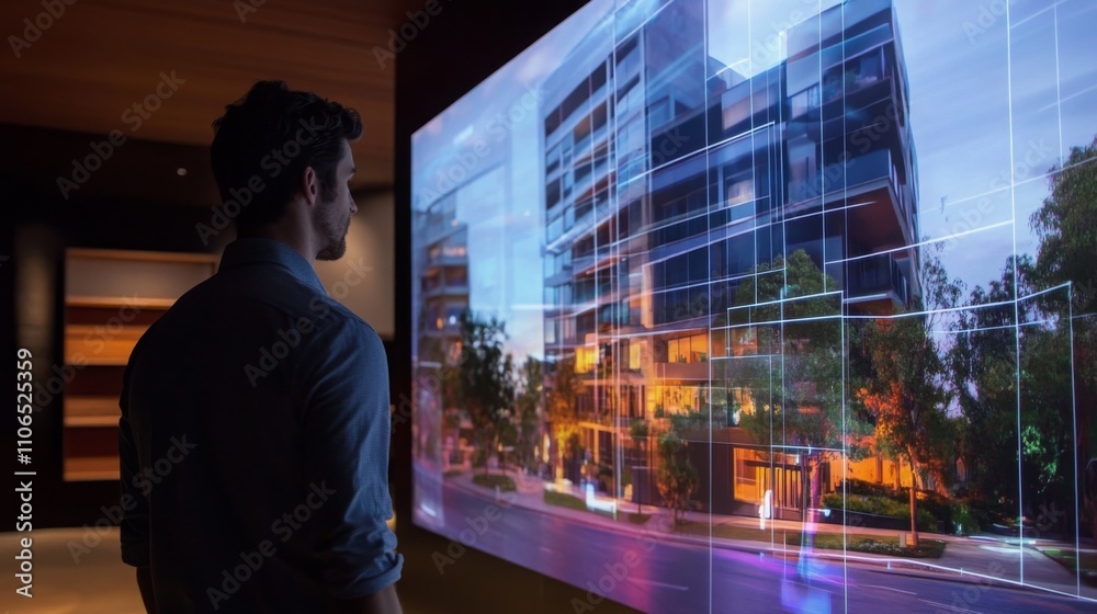 Poster a visitor observes a large digital display showcasing architectural designs of residential buildings
